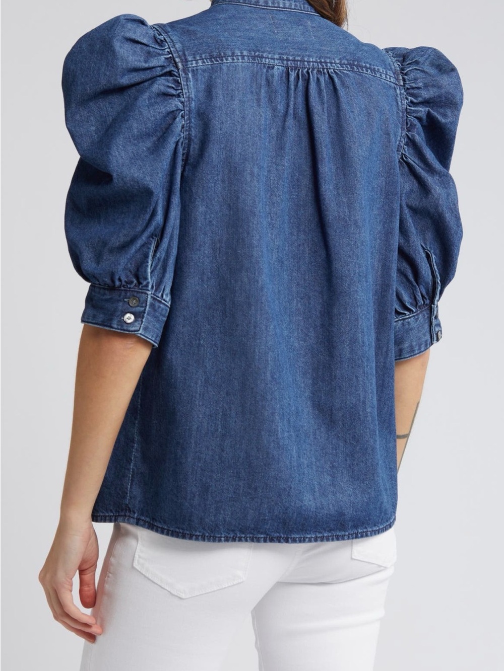 FRAME Gillian Puff Sleeve Denim Shirt Top S/P Blue Button Front - Picture 2 of 10